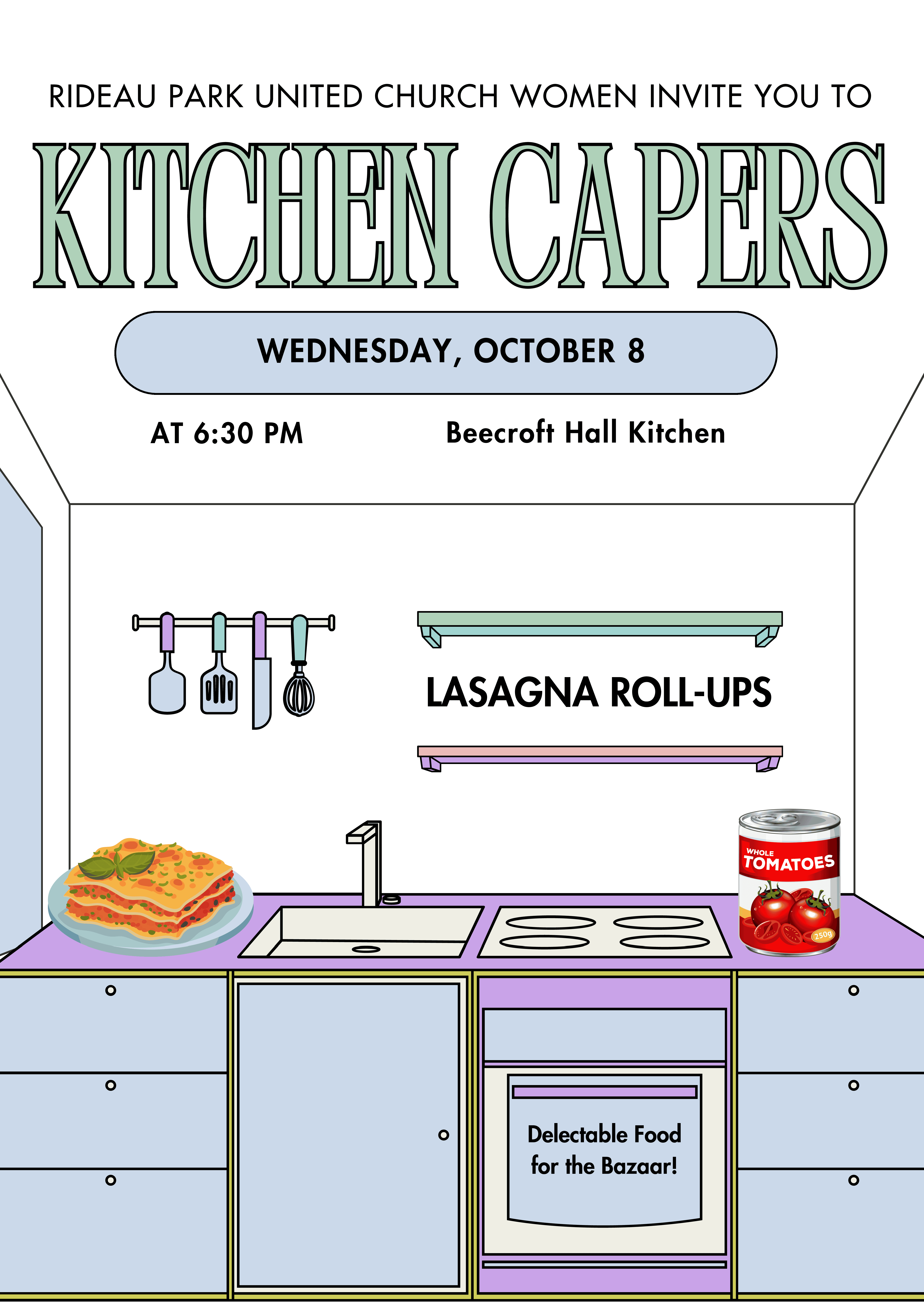 Poster containing a kitchen with a can of tomatoes and a plate of lasagna on the counter, with text above detailing the event.