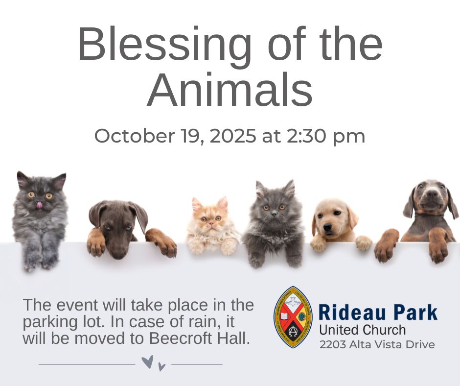 Blessing of the Animals poster showing different animals on a ledge with the Rideau Park logo underneath.
